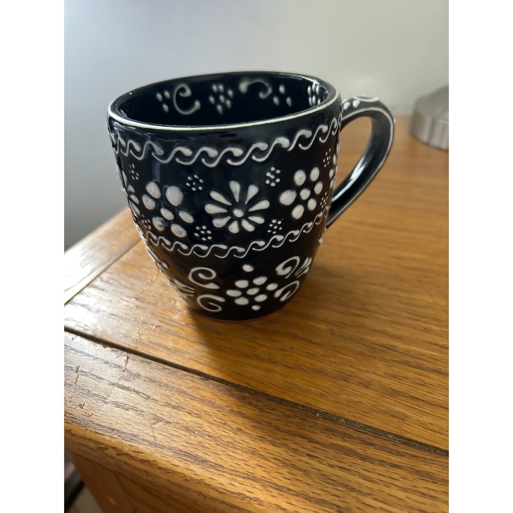 Mexican Pottery Hand Painted Black White Floral Ceramic Mug Made in Mexico
